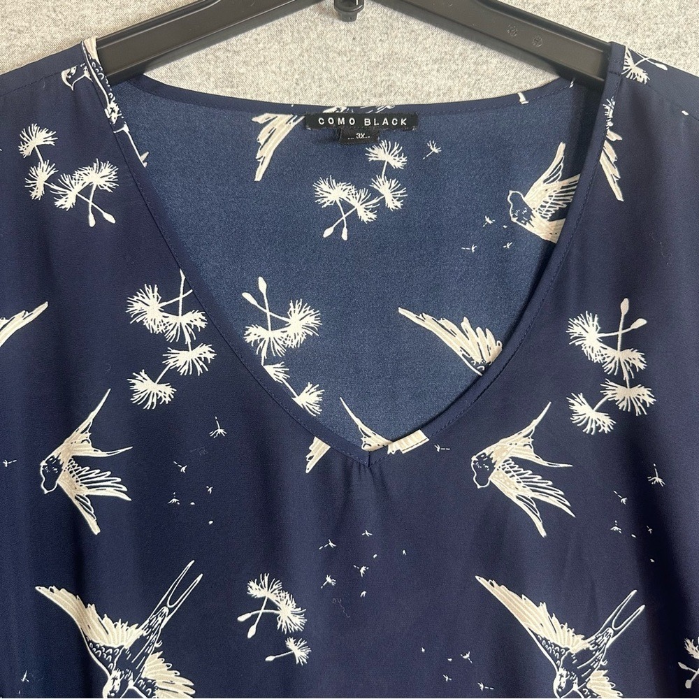 Como Black Hummingbird Blouse Plus 3X Navy White 3/4 Bishop Sleeve Flowy Sheer